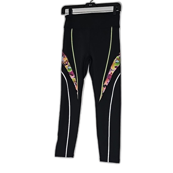 Yoga Pants by Noli Black with bright green pink purple print Size Medium - Picture 1 of 5